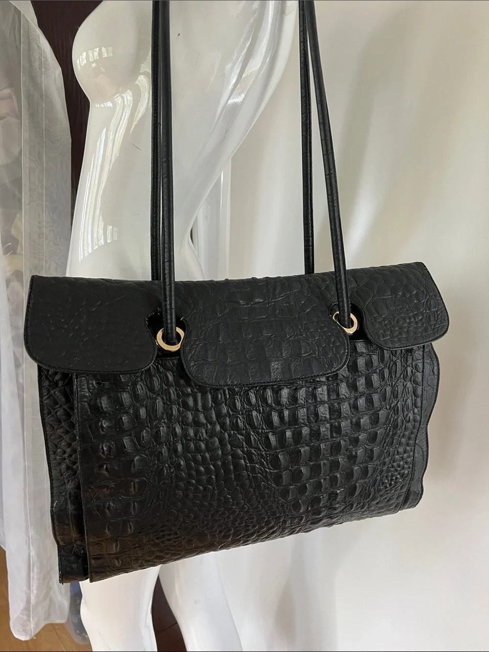 Enrico Coveri Leather Croc Large Zip and Flap Shoulder Tote Bag  Made in Italy